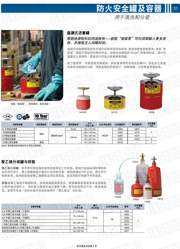 美國杰斯瑞特，JUSTRITE，活塞安全罐，盛漏式活塞罐，化學(xué)品分裝罐，